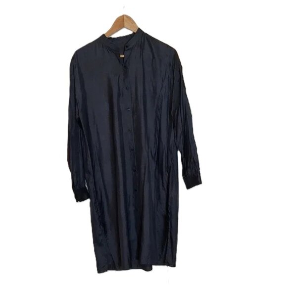 Eileen Fisher Washed Silk Mandarin Collar Shirt Dress Ocean Midi Dress - Picture 1 of 3